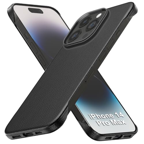 TheGiftKart Hybrid Ultimate Slim Back Case Cover for iPhone 14 Pro Max | Lightweight Profile | Hard Back Case Cover for iPhone 14 Pro Max (PC & TPU, Metal Camera Ring, Leather Texture Finish, Black)