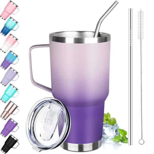 Image of 30 oz Tumbler with Handle, Stainless Steel Insulated Tumbler with Lid and Straw, Double Wall Vacuum Coffee Mug Tumbler, Insulated Coffee Thermal Cup for Cold and Hot (Light Dark Purple)