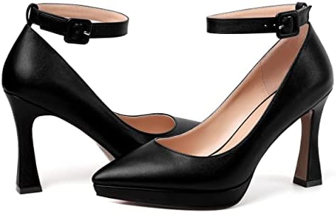 AMBELIGHT Women's Dress Shoes Dress Evening Platform Ankle Strap Chunky Buckle Pointed Toe High Heel 4 Inch Matte Pumps Shoes Black Size 8 - Tacones de Mujer Altos | Image 5