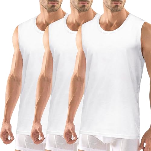 Geyuwoz Camiseta Tirantes Hombre 100% Algodón Hombre Gimnasio Ropa Deportiva Camiseta sin Mangas con Cuello Redondo para Entrenamiento Running Pack de 3 WH M