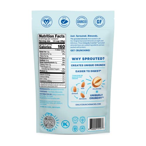 Daily Crunch Sprouted Almonds, 5 Ounce Resealable Bags (Original Sprouted, 6 Pack) Packaging May Vary - Sprouted And Dehydrated For A Unique Crunch, Keto Friendly, Non-Gmo, Oil And Salt Free, Vegan, Healthy Snack #TOP1