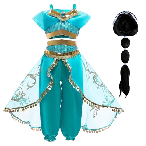 Emin Fille Costume de Princesse Jasmine avec Perruque Déguisement de Princesse Aladdin Costume Noël Anniversaire Fête Noël Halloween Carnaval Cosplay...