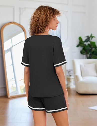 Image of Ekouaer Pajama for Women Sets 2 Piece Ribbed Knit Lounge Sets Pjs Shorts Summer Short Sleeve Sleepwear with Pockets