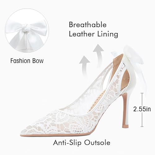 Women's Lace Bow Closed Pointy Toe Stiletto Pumps Slip On Breathable Sexy High Heels Dress Shoes for Wedding Bridal Party Prom4