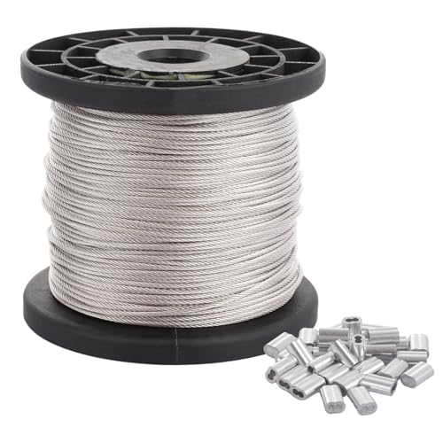 LOLYSIC Wire Rope 2mm x 70M, Stainless Steel Wire Cable with 70Pcs Aluminum Crimping Loop, 7x7 Strand Core Metal Garden Cable for Picture Hanging Climbing Plants Clothes Line