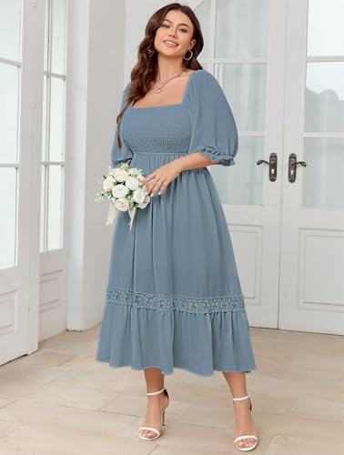 Image of SCOMCHIC Women's Plus Size Boho Maxi Dress Short Sleeve Square Neck Smocked Flowy A-Line Lace Trim Wedding Guest Dresses