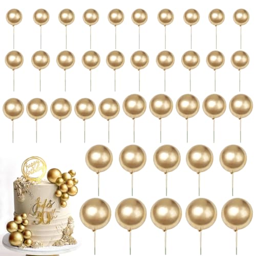 40Pcs Ball Cake Topper Decorations - Golden Cake Picks, Bakeware Decorating Tools, DIY Cake Insert Topper, Foam Ballon Cupcake Topper for Birthday Wedding Christmas Party Baby Shower (Gold)