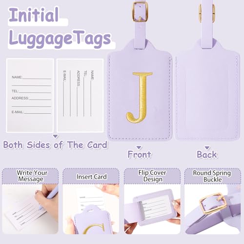 Image of Personalized Initial Luggage Tags for Suitcases, Cute PU Leather Embroidered Letter Travel Luggage Tags, Suitcase Identifier Name Baggage Tag, Bag Tags for Men Women Kids Luggage Handbags(Purple J)