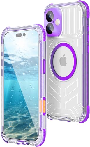 WIFORT for iPhone 16 Waterproof Case [IP68 Underwater] [Blue Light Filter Lens] [15FT Military Shockproof] Fit for Magsafe Full Body Magnetic Frosted Phone Case with Lanyard 6.1 Purple