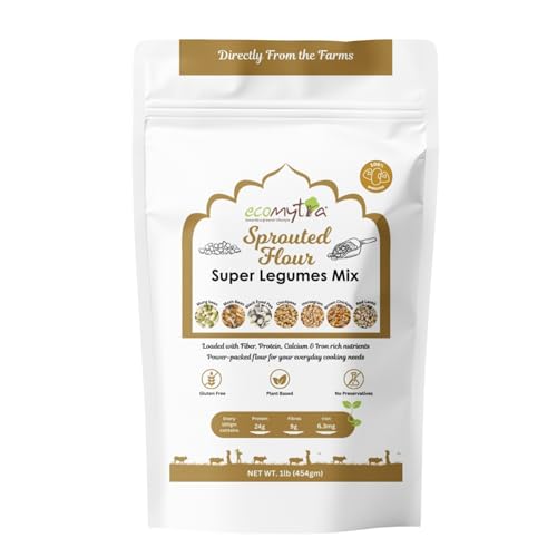 Ecomytra 100% Sprouted Super Legumes Mix Flour – Gluten Free & High Protein (24g) – Plant Based Blend of Sprouted Chickpea, Lentil & Mung Bean – Vegan, Non-GMO, High Fiber Baking Alternative – 1lb (454 gm)