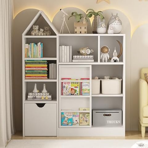 MilleLoom 47'' Kids Toy Storage Organizer & Bookshelf, Floor Storage Cabinet Toy Chest with Movable Drawers, Bookshelf with Storage Cubbies Toy Box, for Playroom, Bedroom, Classroom, Library, White Cover