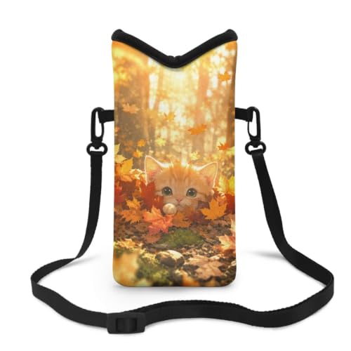 Image of Travel Crossbody Cell Phone Purse Waterproof Mini Smartphone Shoulder Bag Lightweight Cellphone Bag for Phone, Keys, Power Bank, 8 x 4 inch, Cat Autumn Leaf