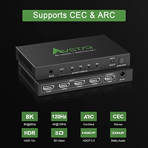 8K 60Hz Hdmi 2.1 Switch 4X1 4K 120Hz 48Gbps,Hdcp 2.3,Arc,Vrr,Cec,Hdmi Switcher 4 In 1 Out,4 Port Hdmi Selector,Ir Remote,3D,Hdr 10,Dolby Atmos,For Qled Tv,Ps5,Xbox,Fire Stick,Roku,Blu Ray,Projector #TOP3