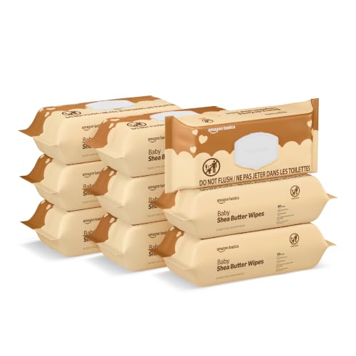 Amazon Basics Shea Butter Baby Wipes, Hypoallergenic, with Vitamin E and Aloe, 6.75 x 7.5 Inch, 810 Count (9 Packs of 90 Wipes Each)