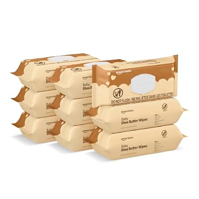Amazon Basics Shea Butter Baby Wipes, Hypoallergenic, with Vitamin E and Aloe, 6.75 x 7.5 Inch, 810 Count (9 Packs of 90 Wipes Each)