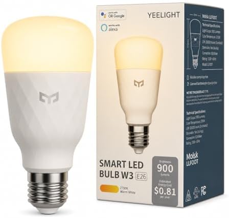 YEELIGHT Smart Light Bulbs, 2700K Warm White 900LM Dimmable LED Light Bulb 60W Equivalent, Schedules & Timer, Mi Home APP Control, WiFi & Bluetooth LED Bulbs Compatible with Alexa and Google, 1 Pack