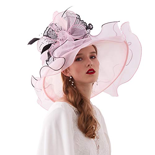 Go Mai Women Kentucky Derby Hat Organza Hats Two Wear Ways,Hat Flower Can Be Used As a Headwear, Light Pink, One Size - Thumbnail 3