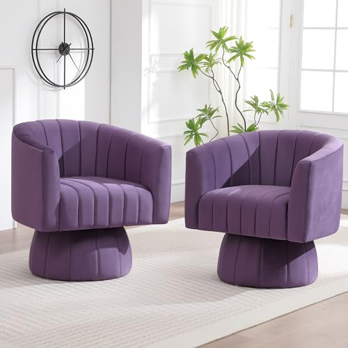 YUUIJOAA Swivel Accent Barrel Chair Set of 2, Cute Comfy Small Round 360° Arm Chair, Velvet Sofa Club Reading Chair for Living Room Bedroom Office Purple