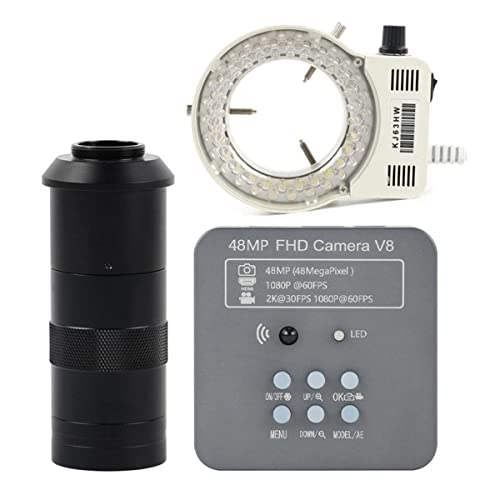 Lab Microscope Accessories 48MP 1080P USB Digital Industrial Video Microscope Camera Zoom 180X 200X 300X 500X C-Mount Lens(100x Lens with Light)