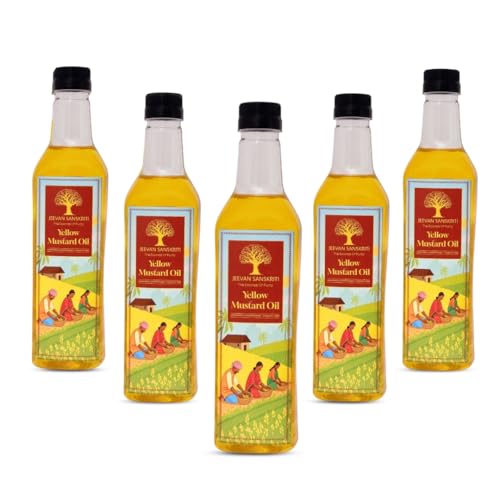 Image of Jeevan Sanskriti Yellow Mustard Oil 1L x 5 | Wood-Pressed Cold Pressed Lakdi Ghani | Pure | Natural | Unrefined Cooking & Massage Oil | 5L
