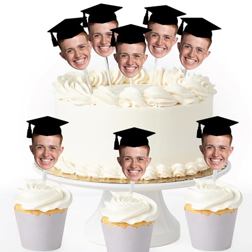 Big Dot of Happiness Grad Cap Fun Face Cutout Dessert Cupcake Toppers - Custom Graduation Photo Head Cut Out Clear Treat Picks - Upload 1 Photo - Set of 24