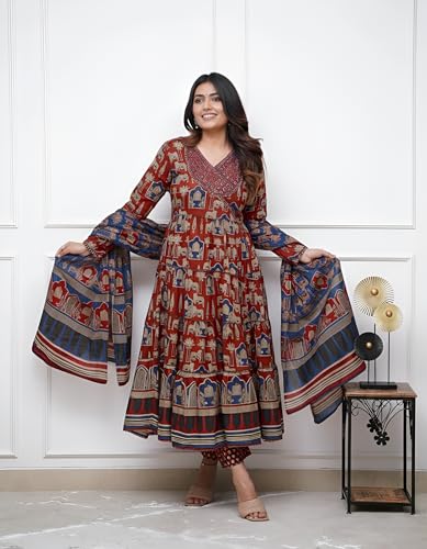 Image of Leriya Fashion Kurta Sets for Woman | Printed Jaipuri Ajrakh Kurta Set With Dupatta for Women | Kurti Set for Woman | Anarkali Suit for Women | Traditional Anarkali Salwar Suit for Party Outfits Kurtis