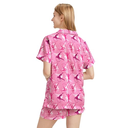 Image of Funny Pajamas for Women Set Print Satin Loungewear Pjs Short Sleeve Button Down Top and Shorts Sets Sleepwear XS-3XL
