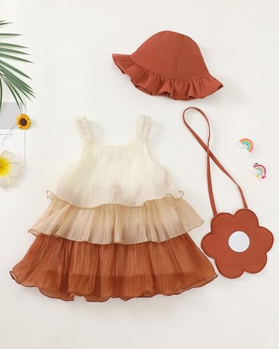 Renotemy Toddler Girl Summer Beach Dress Infant Girls 12 Months Clothes Brown Chiffon Ruffle Layered Sling Sundress Spring Boho Gift Outfits 12-18 Months Boho Sleeveless Party Dresses with Hat and Bag