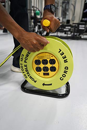 Southwire E-238 Heavy Duty Power Station Cord Reel, With 6 Grounded Outlets, 12/3 50-Foot Extension Cord, Built In 15-Amp Circuit Breaker, Green/Black #TOP6