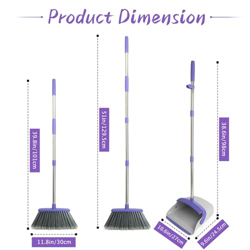 Image of Broom and Dustpan Set with 51 inch Adjustable Long Handle-Gray Purple | Long Handle and Standing Dust Pan with Comb Teeth, Efficient Floor Cleaning for Kitchen, Outdoor, Dorm, Apartment, Office