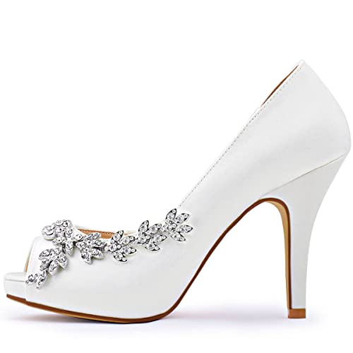 Image of Elegantpark HP1560IAC Platform Wedding Shoes for Bride High Heels Women Bridal Shoes Peep Toe Rhinestones Satin Wedding Party Dress Court Shoes Ivory