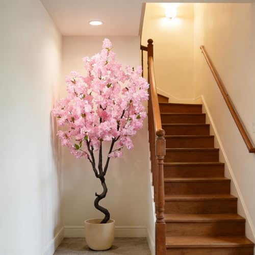 Image of BINCUE Artificial Pink Cherry Blossom Tree Fake Tree Cherry Blossom Decor Fake Flowers Faux Flowering Tree Pink Flowers Floral Artificial Plants for Indoors Outdoors Room Home Decor Gift 6FT