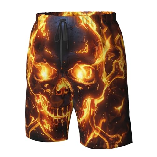Men's Quick Dry Swim Shorts Flaming Skull and Fire Cross Bones Death Dark Beach Trunks with Pockets4