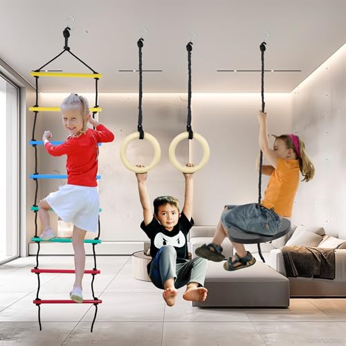 Image of VIXERA Playing Equipment for Kids 3 in 1, Disc Swing Set with Ninja Rope Ladder & Trapeze Bar with Rings for Kids Climbing Swing, Indoor & Outdoor Play Structure