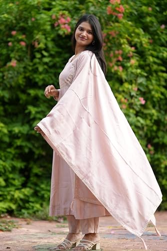 Image of MOKOSH Women's Silk Embroidery Anakrali Kurta Pant with Dupatta | Anarkali Kurta Set | Round Neck Full Sleeve Ethnic Suit | Floral Kurta 7 Colour Option Available | 3 Piece Outfit