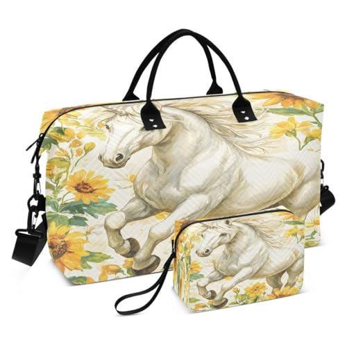 Horse Sunflower Travel Duffle Bag Gym Bag Weekender Bags with Toiletry Bag Travel Trip Tote Bag
