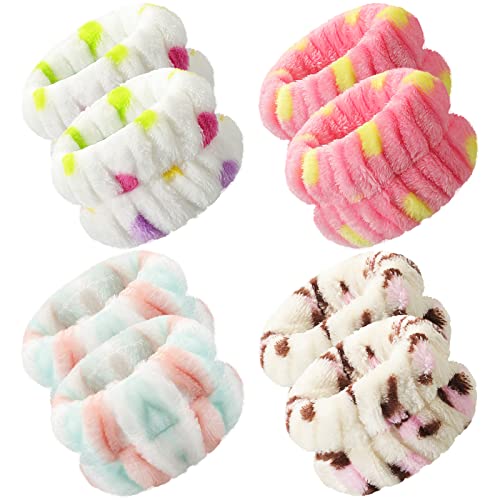 Chuangdi 4 Pairs Wrist Spa Washband Microfiber Washing Face Wrist Wash Towel Band Wristband Scrunchies Absorbent Sweatband for Women Prevent Liquid from Spilling(Pretty)