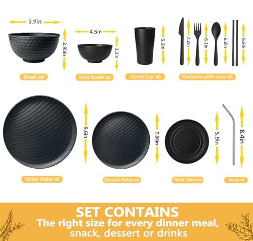 Teivio 66-Piece Kitchen Plastic Wheat Straw Dinnerware Sets for 6, Dinner Plates, Plates and Bowls Sets,Cups, Flatware, Dishwasher Safe, Unbreakable Apartment Outdoor Camping Dishes, Black - Thumbnail 2