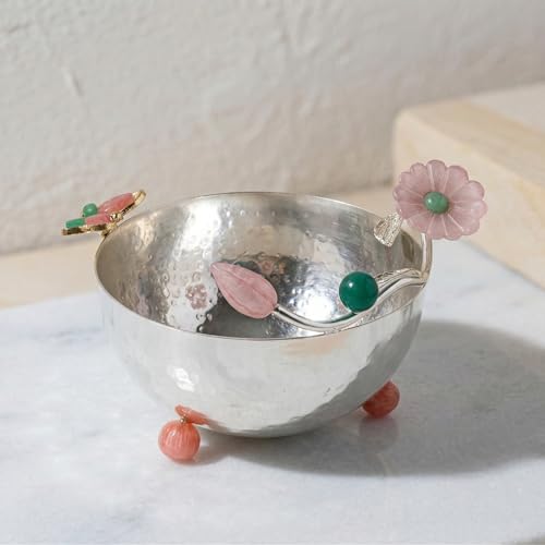 Image of Premium Silver-Plated Hammered Decorative Bowl | Stone Floral & Butterfly Design | Luxury Home Decor & Dry Fruit Serving Centerpiece | 15x12x8 cm | Net Qty: 1
