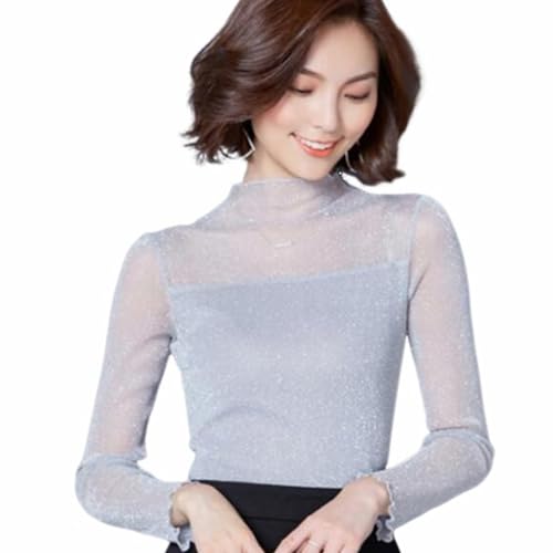 [minana] シアートップス ラメ プチハイネック レディース 長袖 レイヤード インナー 重ね着 薄手 チュール 透け感 シースルー きれいめ 露出度調整 上品 エレガント 大きいサイズ ストレッチ 春 秋 冬 おしゃれ ミセス-グレー||XL