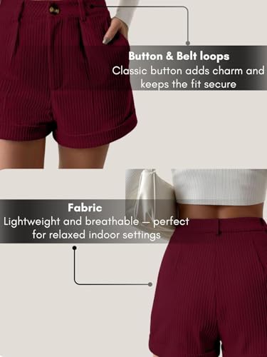 Image of Leriya Fashion Women's High Waist Tailored Shorts, Ribbed Poly Lycra Blend Summer Shorts with Pockets & Button Closure, Elegant Folded Hem Casual Wear for College, Brunch & Daily Outings