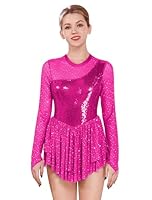 FYMNSI Damen Eiskunstlauf Kleid Glitzer Pailletten Langarm Ballettkleid Ballettkleidung Gymnastik Leotard Turnanzug Tanzkost�m Eiskunstlaufkleid Eislaufen Skating Kleider Gymnastikanzug Rose XS