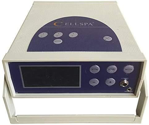 Close-up of the Cell Spa unit's control panel, showing the LCD screen, 'STOP', 'START', 'MODE' buttons, and ports for the array and wrist wrap.