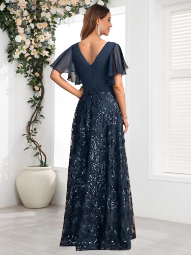 Mother of The Bride Dresses for Wedding Chffion Sequin Lace V-Neck Ruched Long Formal Dress4