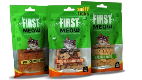 Image of First Meow Cat Treats Combo Soft Chicken Strip x1 & Chicken Sandwich x1 & Salmon Dice x1, 40g (Pack of 3) By Sniff N Licks