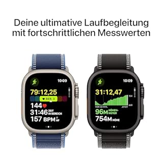 Apple Watch Ultra 3 GPS + Cellular 49 mm Premium Smartwatch für Lauftraining und Kombinationssport mit robustem Titangehäuse in Schwarz und Trail Loop in Schwarz/Kohlegrau (M/L)