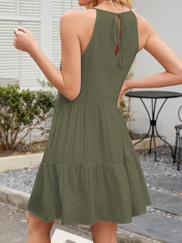 Image of FARORO Womens Sleeveless Summer Beach Short Dresses Hollow Out Halter Coverup Casual A Line Sundress with Pockets