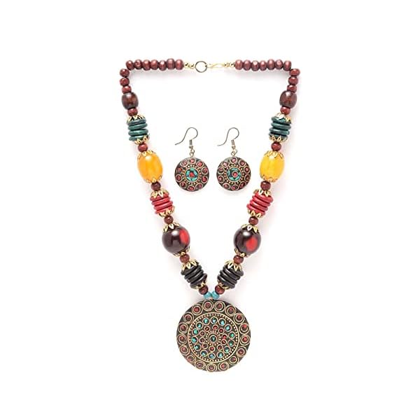 Shining Diva Fashion Latest Stylish Traditional Tibetan Pendant Necklace Jewellery Set for Women