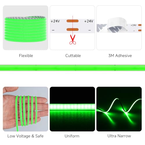 Image of 5mm Green COB LED Strip Light DC24V Narrow Thin Flexible High Density Uniform Cob Strips 16.4FT UL Listed Dimmable CRI 90+ LED Tape Lights for Car Cabinets, No Controller /Adapter