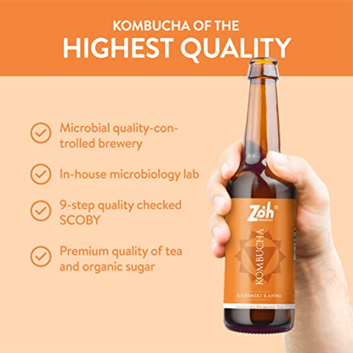 Image of Zoh Probiotics Kashmiri Kahwa Kombucha | Green Tea With And Digestive Enzymes. Raw, Unfiltered, And Unpasteurized With Mother. Made With Saffron & Spices(330 Ml, Pack Of 3)